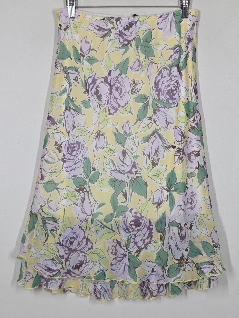 Vtg Y2K Pastel Yellow Purple Floral Midi Skirt S Fairy Cottagecore Romantic Boho